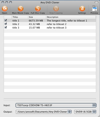 Interface of Any DVD Cloner for mac